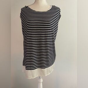 Striped navy and White Blouse, cute wooden button detail